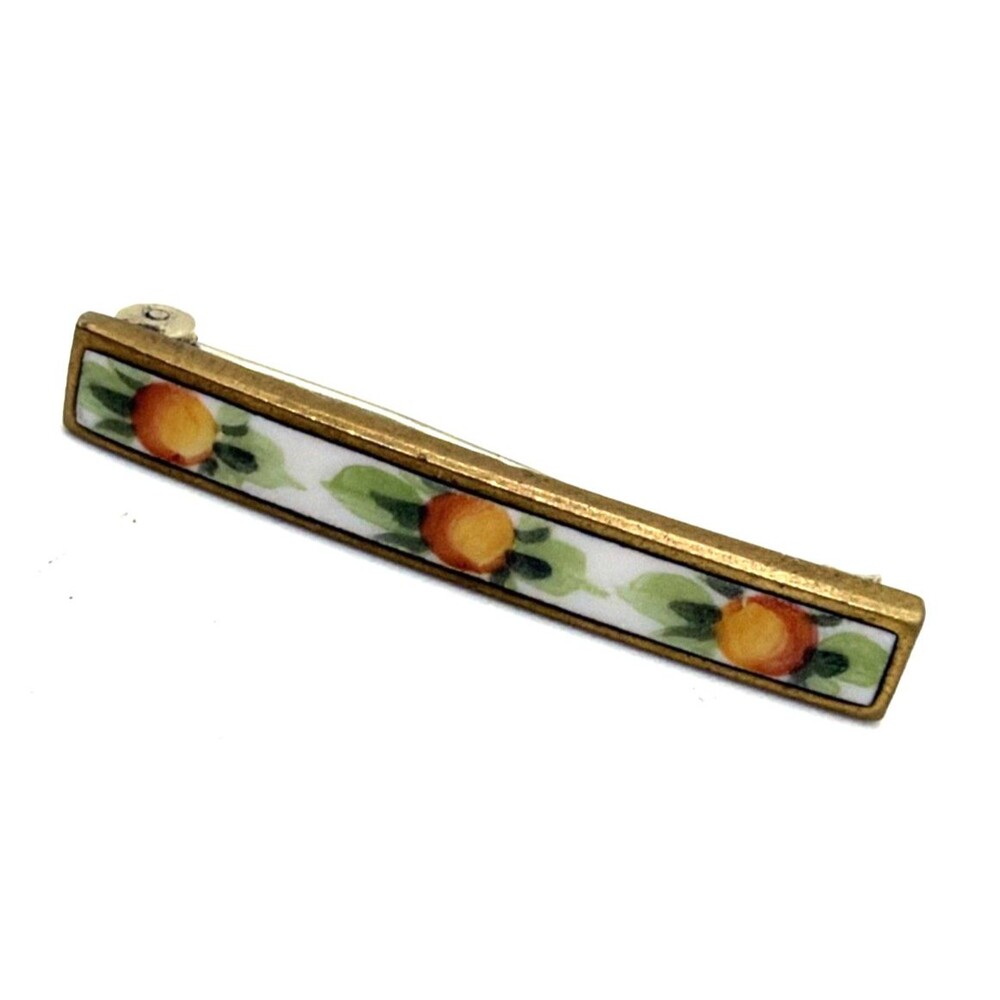 Vintage Edwardian Enamel Bar Brooch Oranges w/ Green Leaves on White 1.25"
